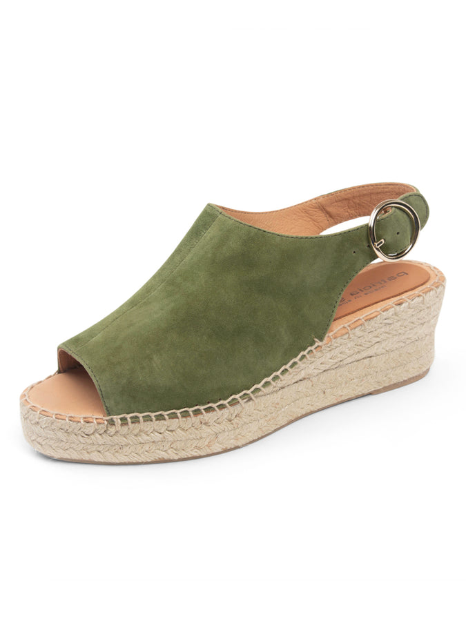 patricia green Patricia Green Women’s Stella Peep Toe Espadrille with Buckle in Olive Suede