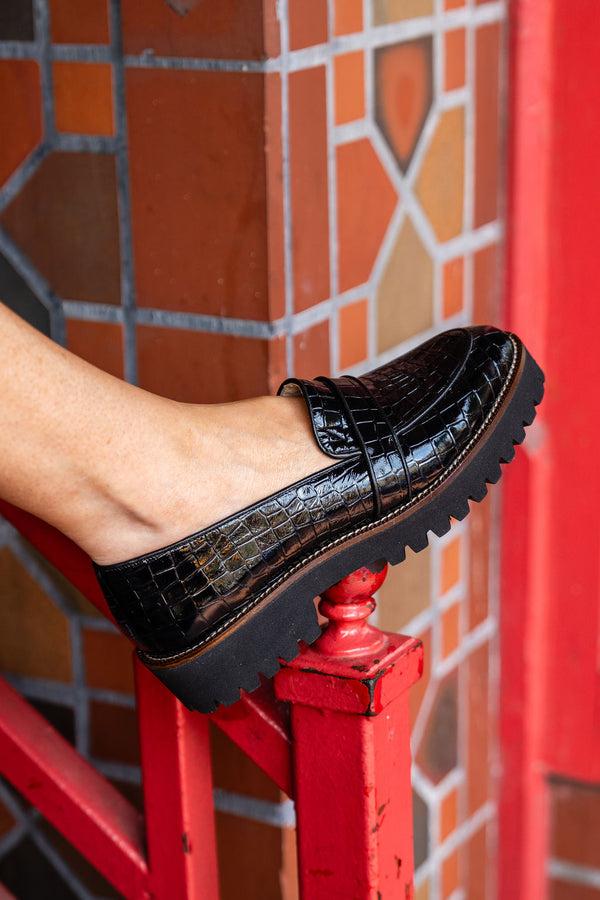 Patricia Green Patricia Green Women’s Vienna Lug Sole Loafer In Black Patent Croc