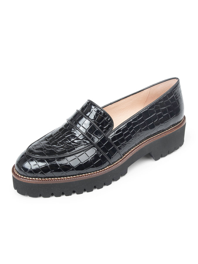 patricia green Patricia Green Women’s Vienna Lug Sole Loafer in Black Patent Croc