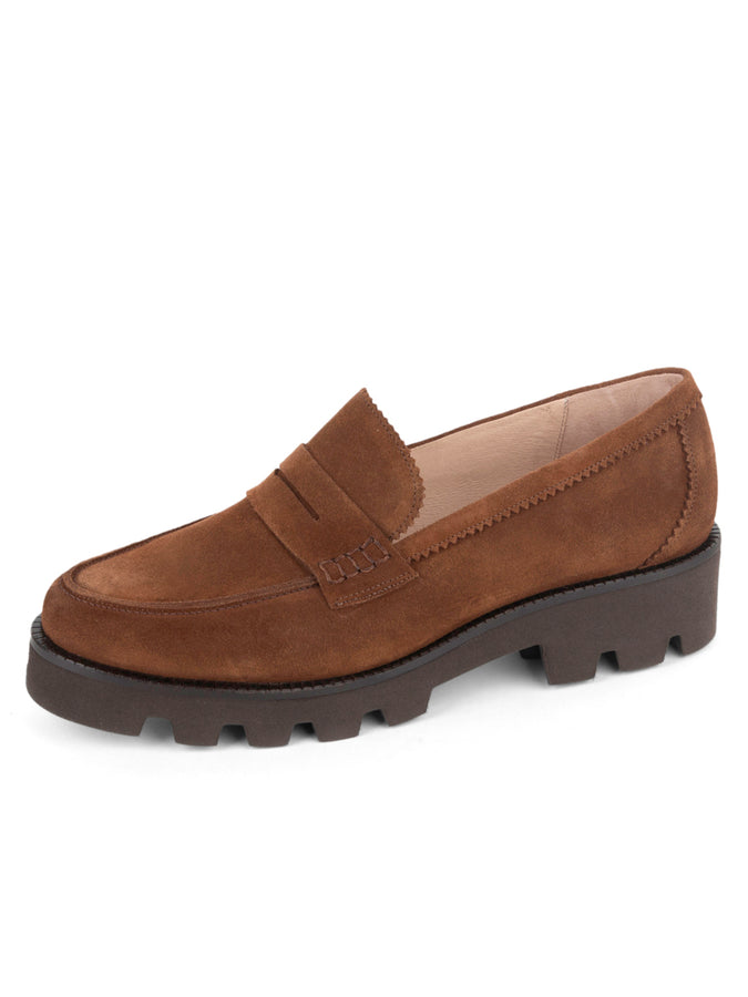 patricia green Patricia Green Women’s Vince Lug Sole Penny Loafer in Chocolate Suede