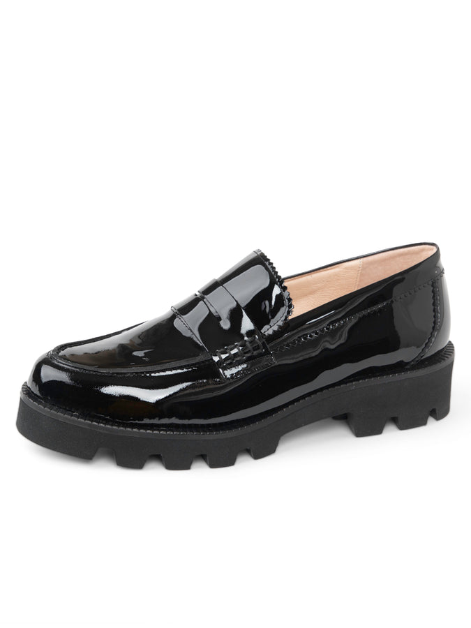 patricia green Patricia Green Women’s Vince Lug Sole Penny Loafer in Black Patent