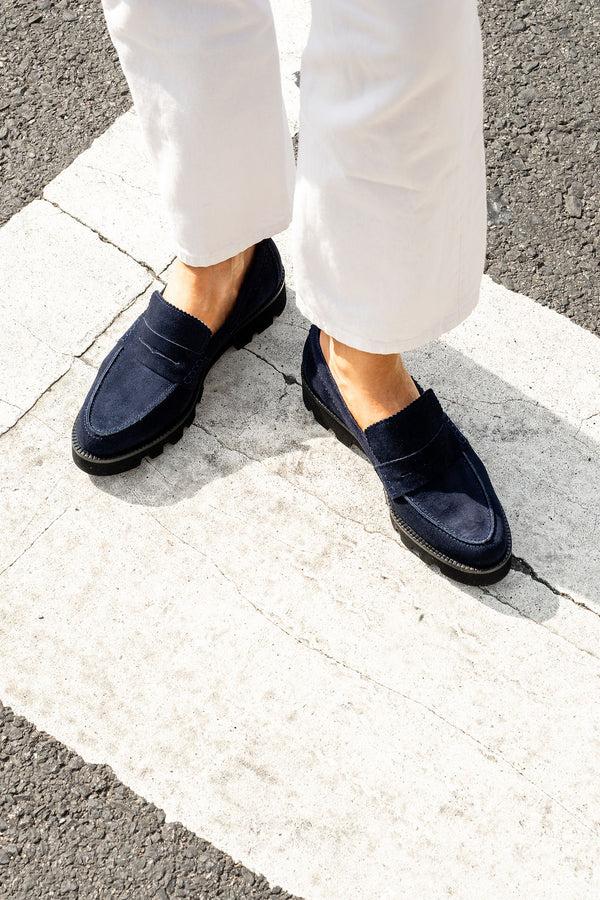 Patricia Green Patricia Green Women’s Vince Lug Sole Penny Loafer In Navy Suede