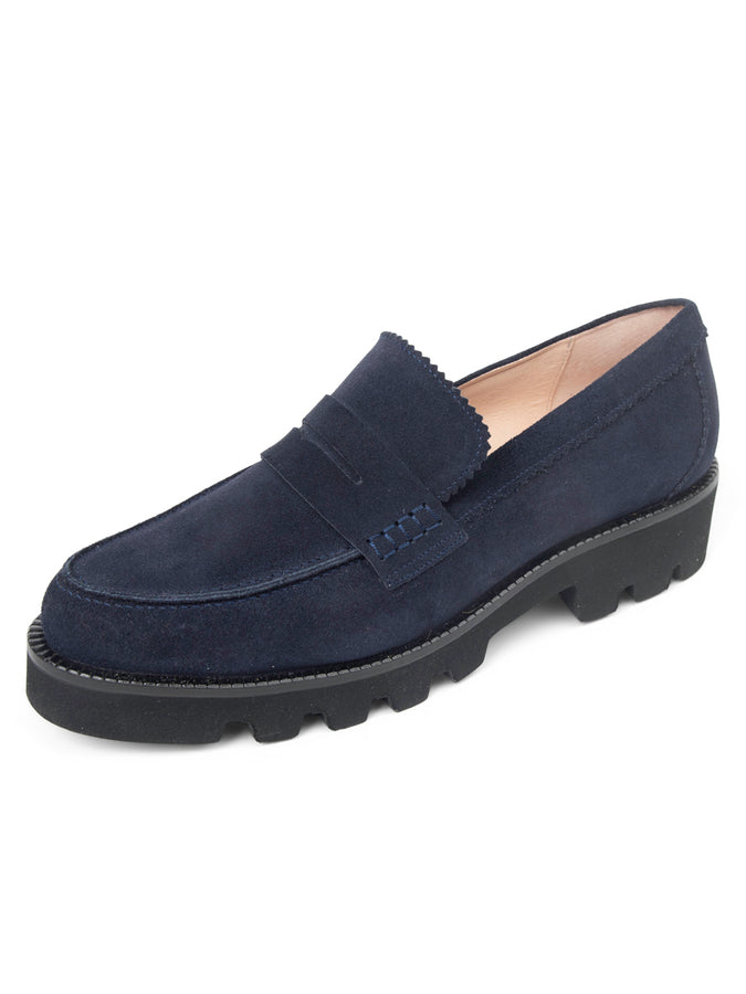 patricia green Patricia Green Women’s Vince Lug Sole Penny Loafer in Navy Suede