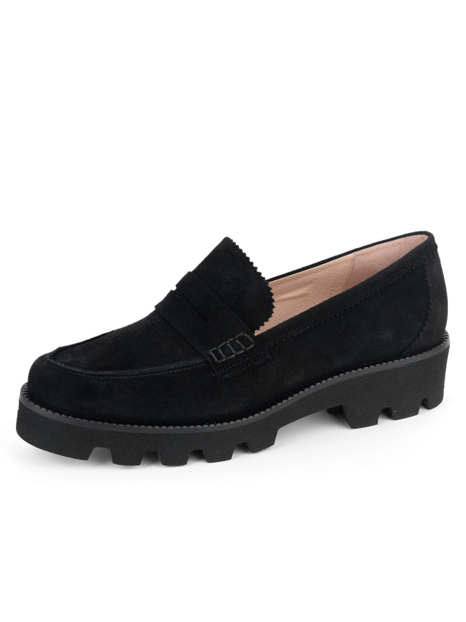 patricia green Patricia Green Women’s Vince Lug Sole Penny Loafer in Black Suede