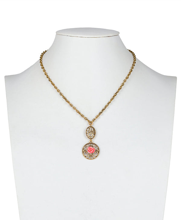 Patricia Nash Carved Rose Pendant Necklace Filigree & Flowers
