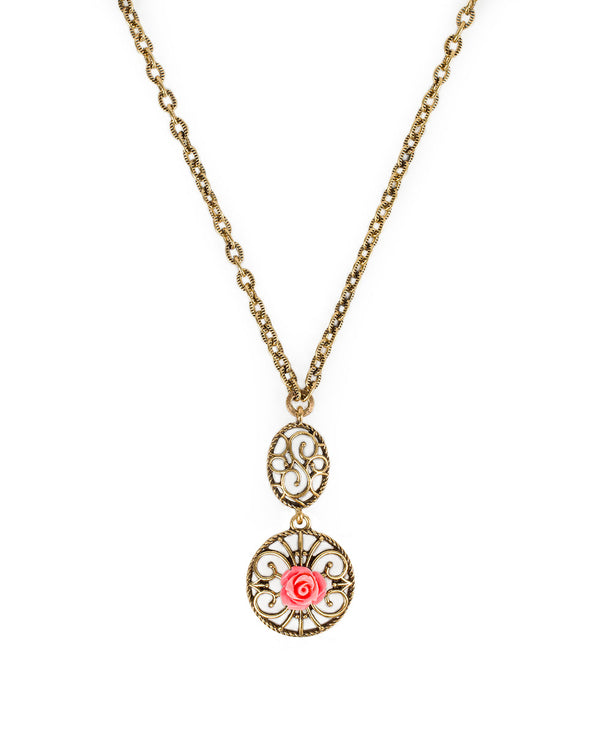 Patricia Nash Carved Rose Pendant Necklace Filigree & Flowers
