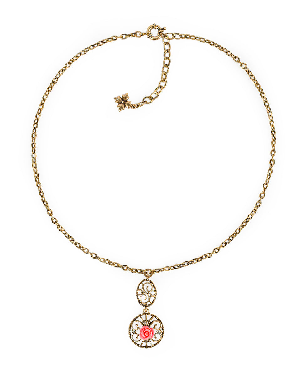 patricia nash Carved Rose Pendant Necklace Filigree & Flowers