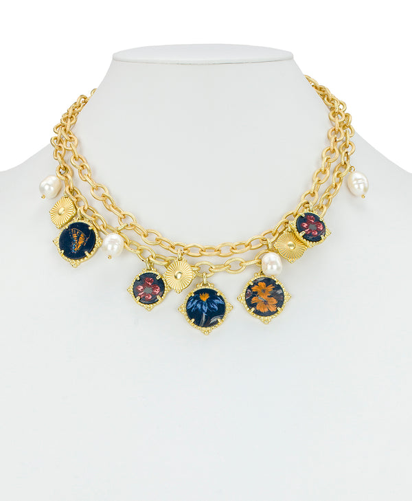 Patricia Nash Double Chain Charm Necklace Leather Inset