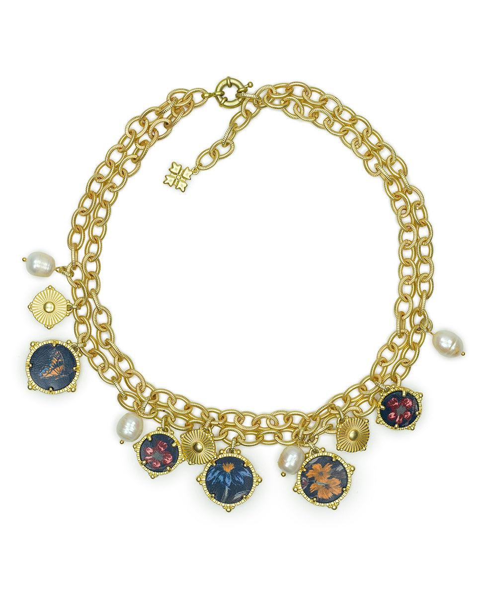 patricia nash Double Chain Charm Necklace Leather Inset