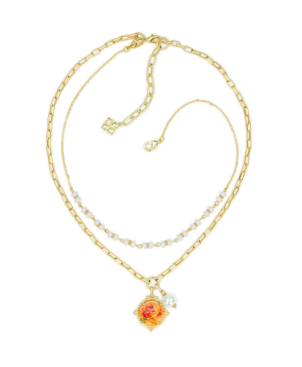 Patricia Nash Double Strand Necklace Leather Inset ‑ Aegean Blooms Spot Print