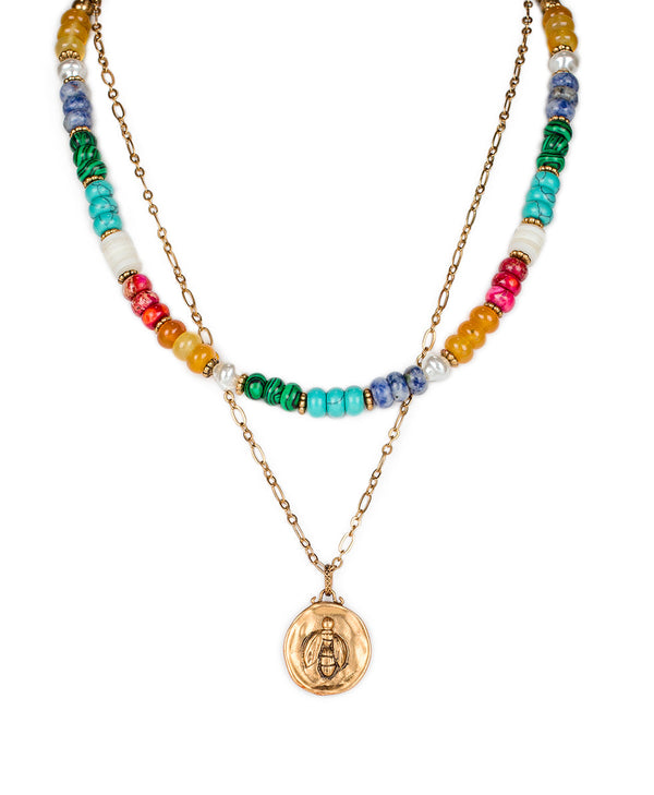 Patricia Nash Double Strand Necklace With Bee Pendant World Bead
