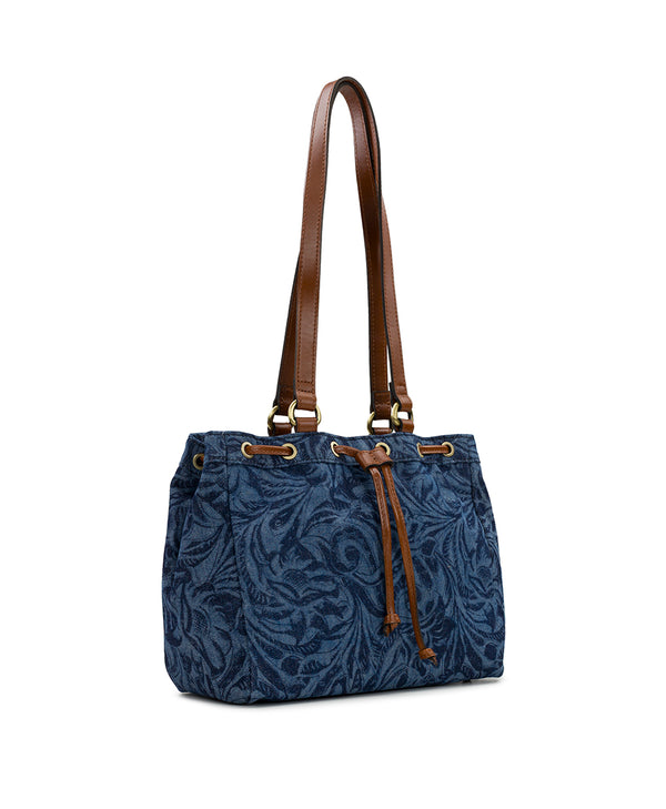 Patricia Nash Mouliana Drawstring Satchel Cavo Tooled Denim