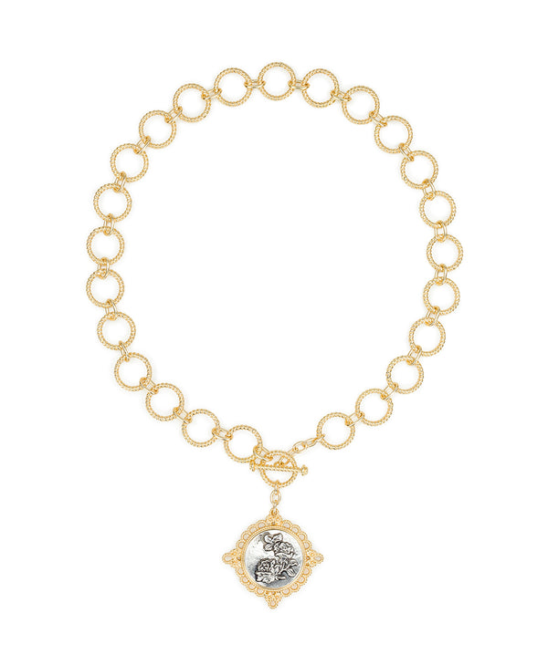 Patricia Nash Toggle Necklace Carved Metal Rose