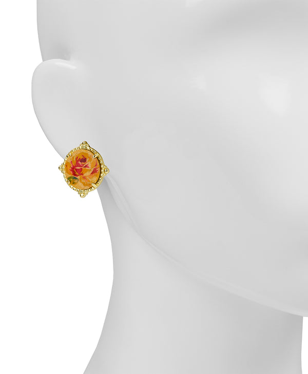 Patricia Nash Round Button Earrings Leather Inset ‑ Aegean Blooms Spot Print