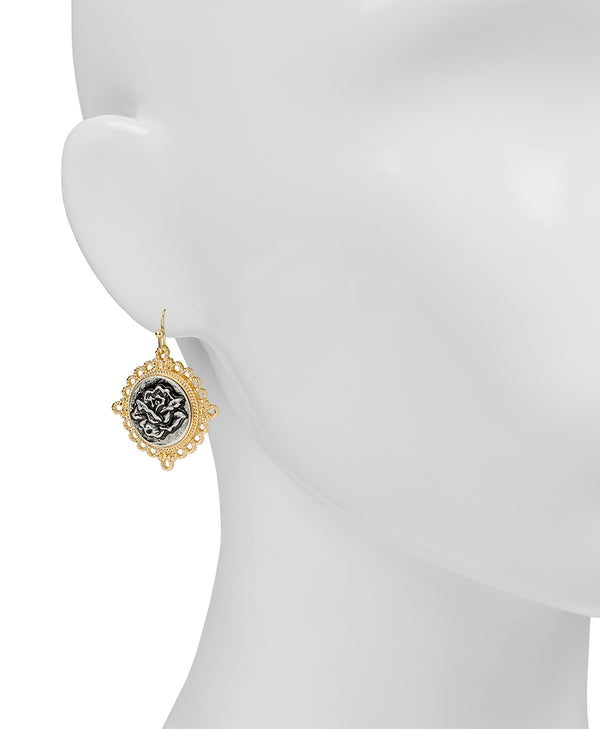 Patricia Nash Round Drop Earrings Carved Metal Rose