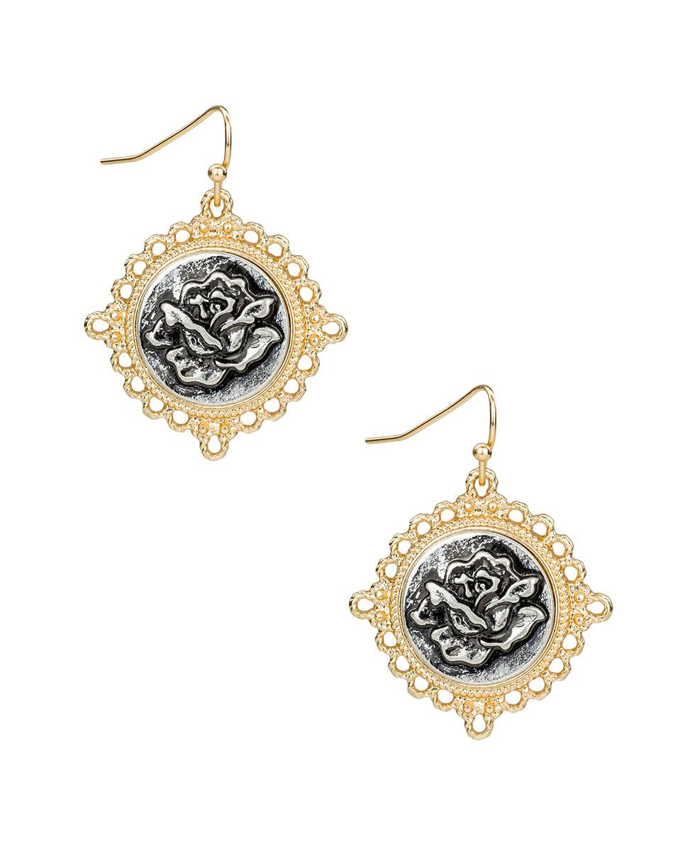patricia nash Round Drop Earrings Carved Metal Rose