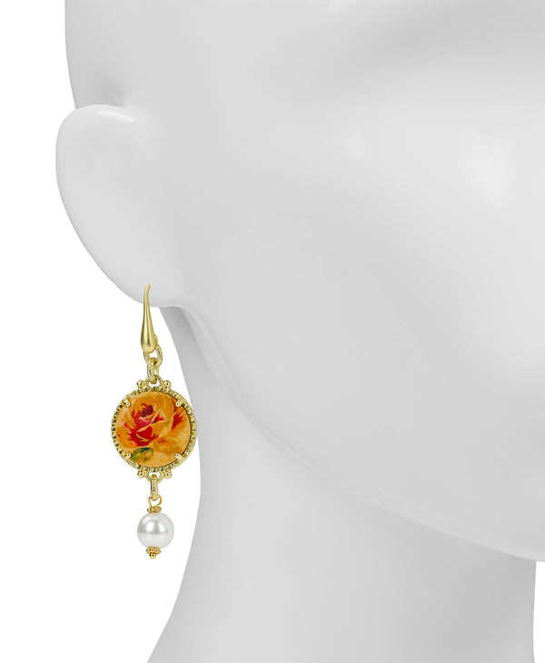 Patricia Nash Round Drop Earrings With Leather Inset ‑ Aegean Blooms Spot Print