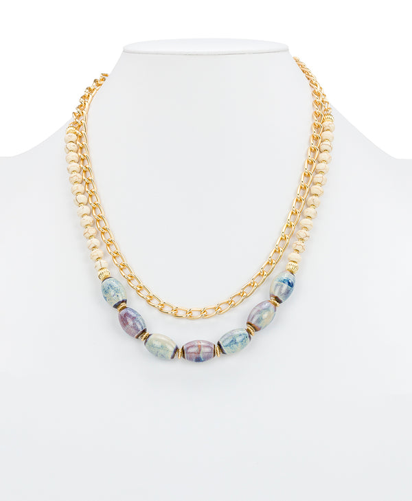 Patricia Nash Teal And White Double Strand Short Necklace Ceramic Bead