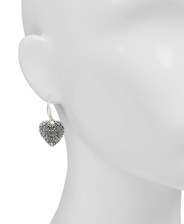 Patricia Nash Tooled Heart Dangle Earrings Etched Rose