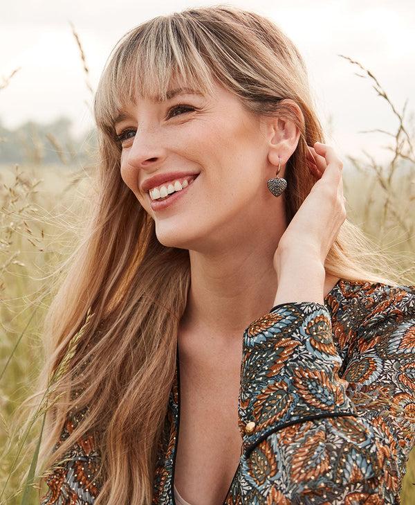 Patricia Nash Tooled Heart Dangle Earrings Etched Rose