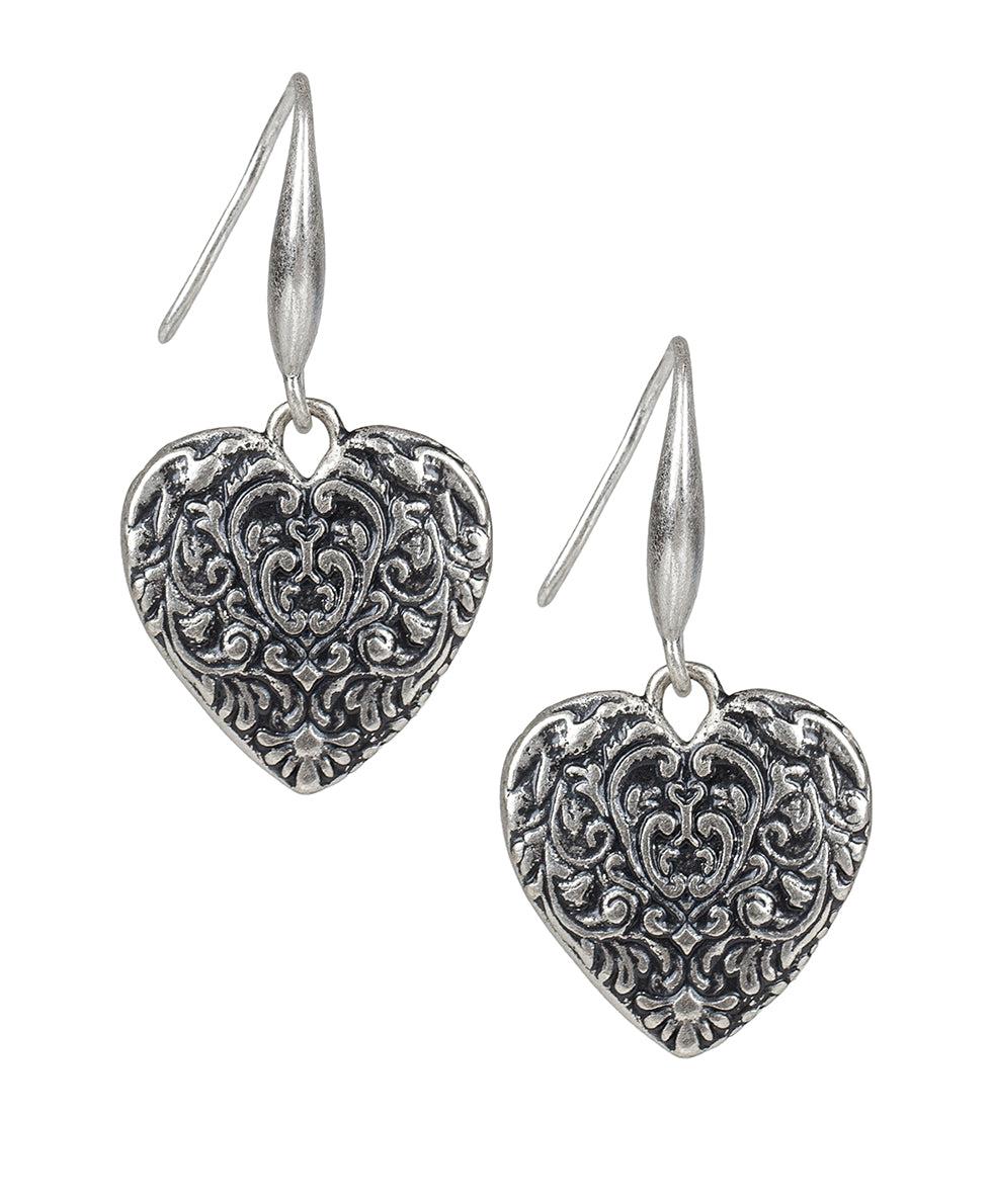 patricia nash Tooled Heart Dangle Earrings Etched Rose
