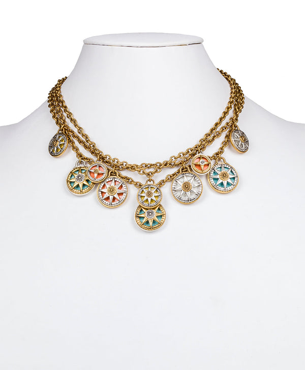 Patricia Nash Triple Chain Charm Necklace Colored Compass