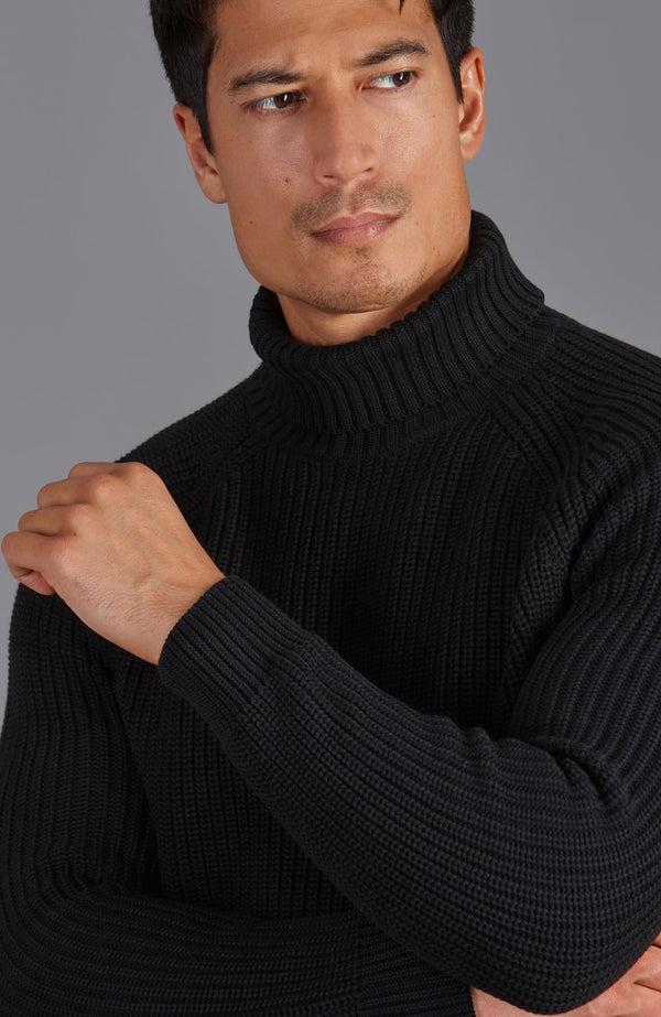 Paul James Mens Midweight Cotton Fisherman Rib Knit Roll Neck Jumper