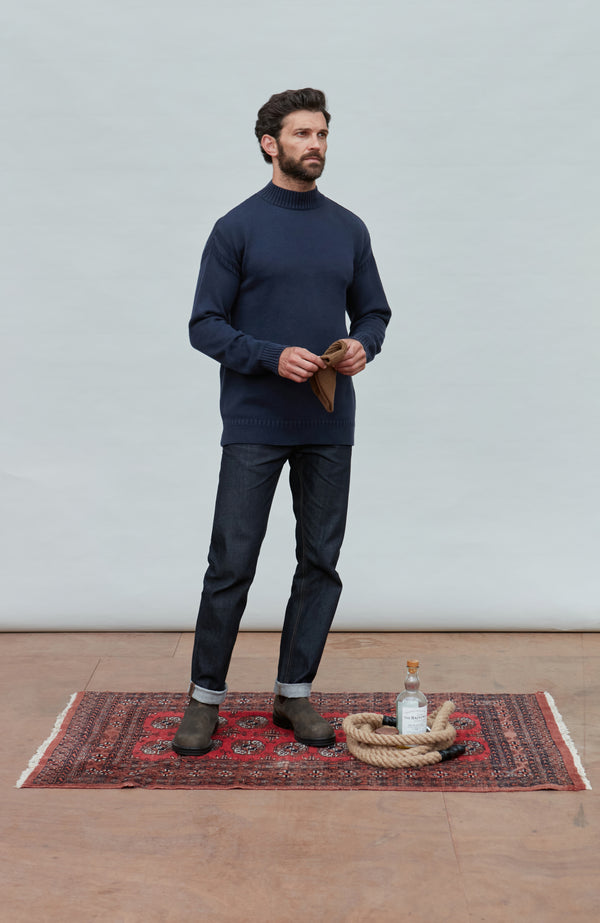 Paul James Mens Midweight Organic Cotton Linen Mock Neck Gansey Jumper