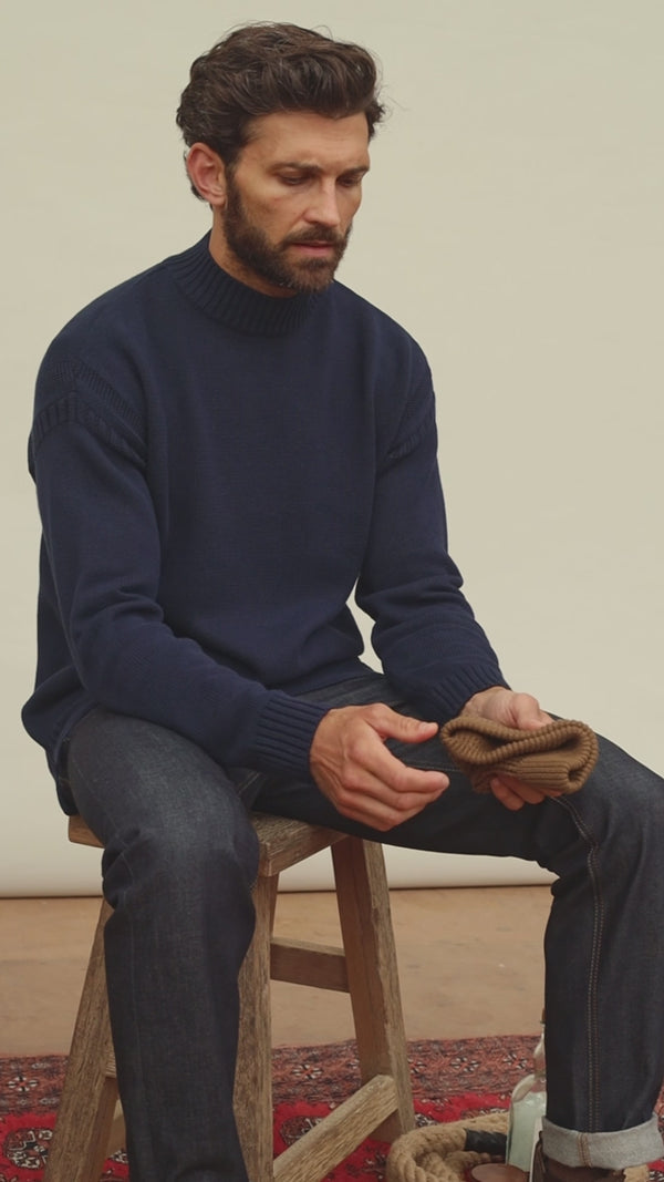 Paul James Mens Midweight Organic Cotton Linen Mock Neck Gansey Jumper