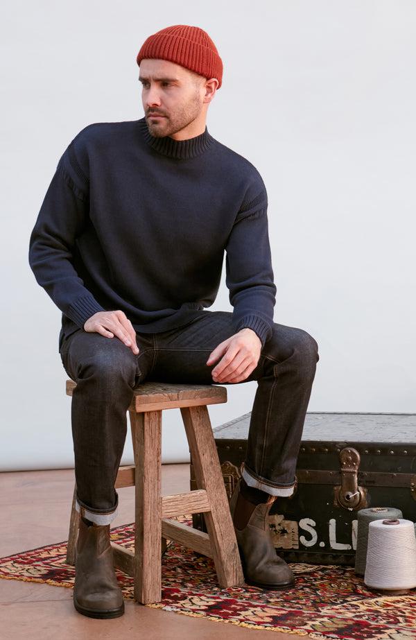 paul james Mens Midweight Organic Cotton Linen Mock Neck Gansey Jumper