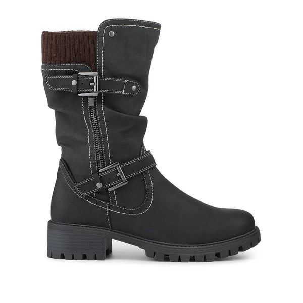 Pavers Dual Buckle Knitted Cuff Zipped Ankle Boots - Black