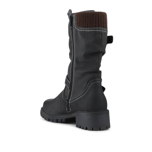 pavers Dual Buckle Knitted Cuff Zipped Ankle Boots - Black