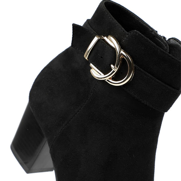 Pavers Elegant Buckle Detailed Heeled Ankle Boots - Black Faux Suede