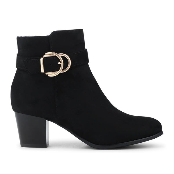 pavers Elegant Buckle Detailed Heeled Ankle Boots - Black Faux Suede
