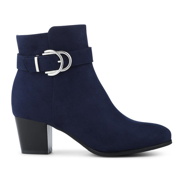 Pavers Elegant Buckle Detailed Heeled Ankle Boots - Navy Faux Suede