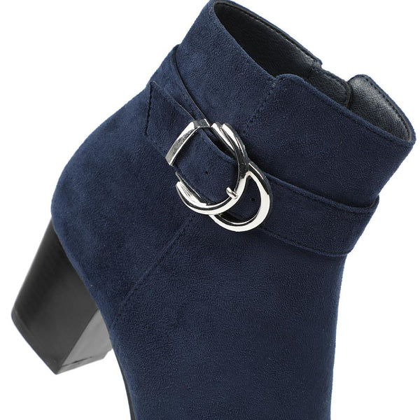 Pavers Elegant Buckle Detailed Heeled Ankle Boots - Navy Faux Suede