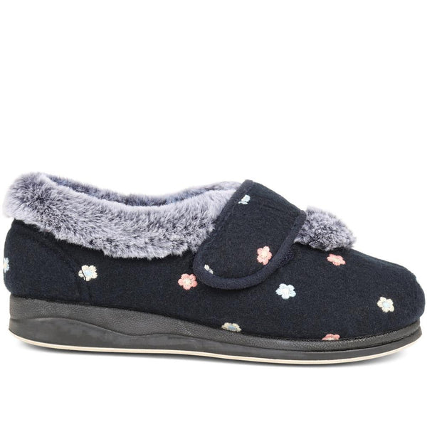 pavers Extra-Wide Fit Faux-Fur Flower Slippers - Navy