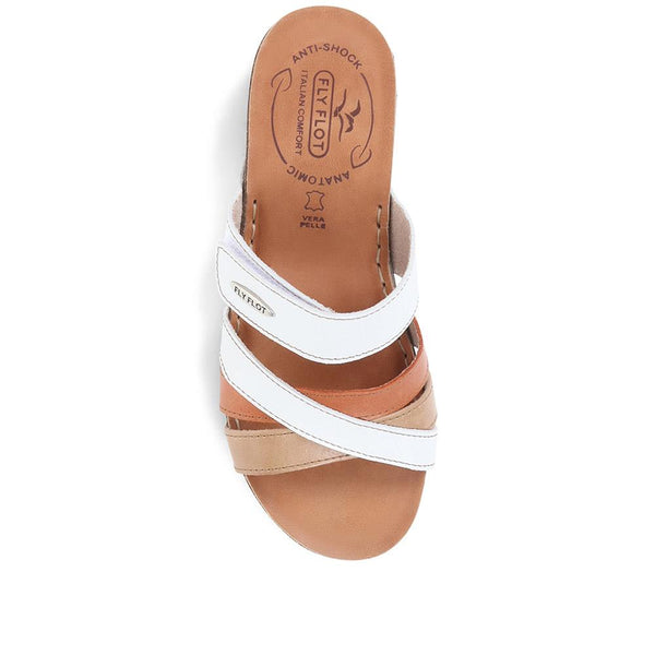 Pavers Fly Flot Leather Cross-Strap Mule Sandal - White Multi