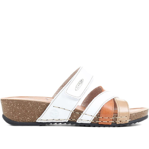 pavers Fly Flot Leather Cross-Strap Mule Sandal - White Multi