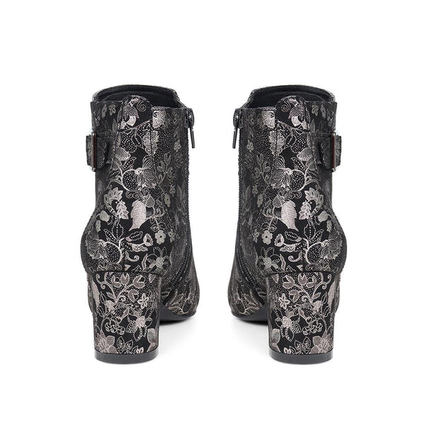Pavers Heeled Buckle Detail Ankle Boots - Black Floral