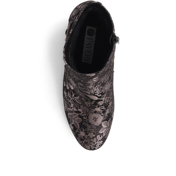 Pavers Heeled Buckle Detail Ankle Boots - Black Floral