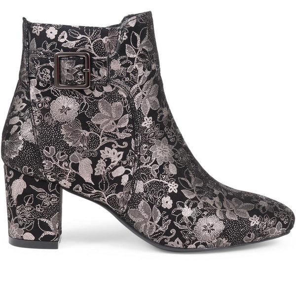 pavers Heeled Buckle Detail Ankle Boots - Black Floral