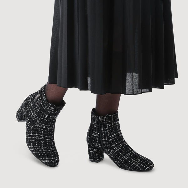 Pavers Heeled Buckle Detail Ankle Boots - Black Tweed