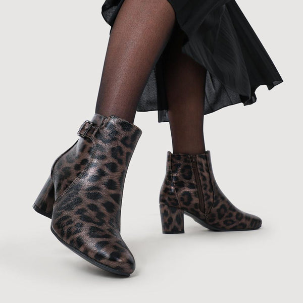 Pavers Heeled Buckle Detail Ankle Boots - Brown Leopard