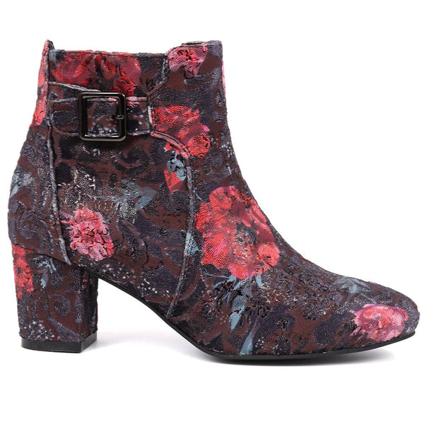 pavers Heeled Buckle Detail Ankle Boots - Navy Floral