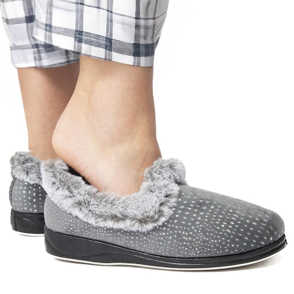 Pavers Just Step In Wide Fit Fur Cuff Slippers - Grey