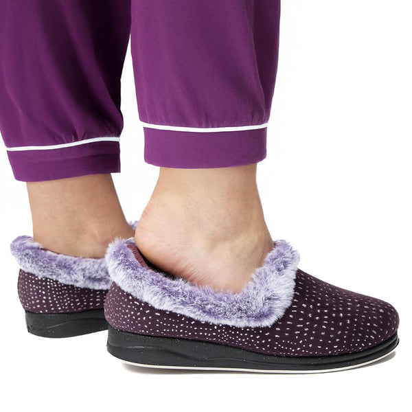 Pavers Just Step In Wide Fit Fur Cuff Slippers - Plum