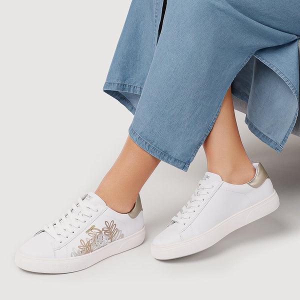 Pavers Leather Floral Patterned Trainers - White Metallic