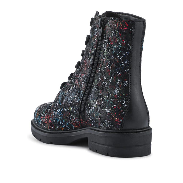 Pavers Leather Lace-Up Boots With Inside Zip - Black Floral