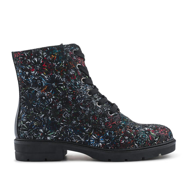 pavers Leather Lace-Up Boots With Inside Zip - Black Floral